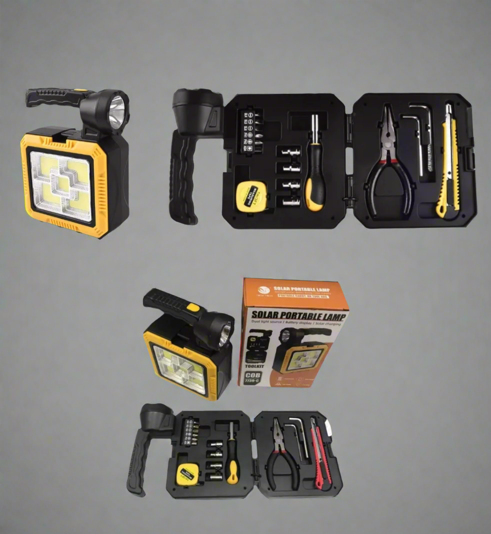 Kit de Herramientas con Linterna LED Recargable y PowerBank Solar Multifunción