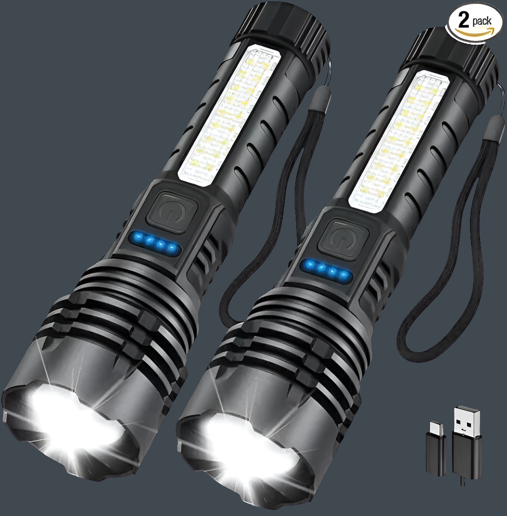2×1 Linterna LED Recargable USB Tipo‑C con Zoom y Luz Lateral COB
