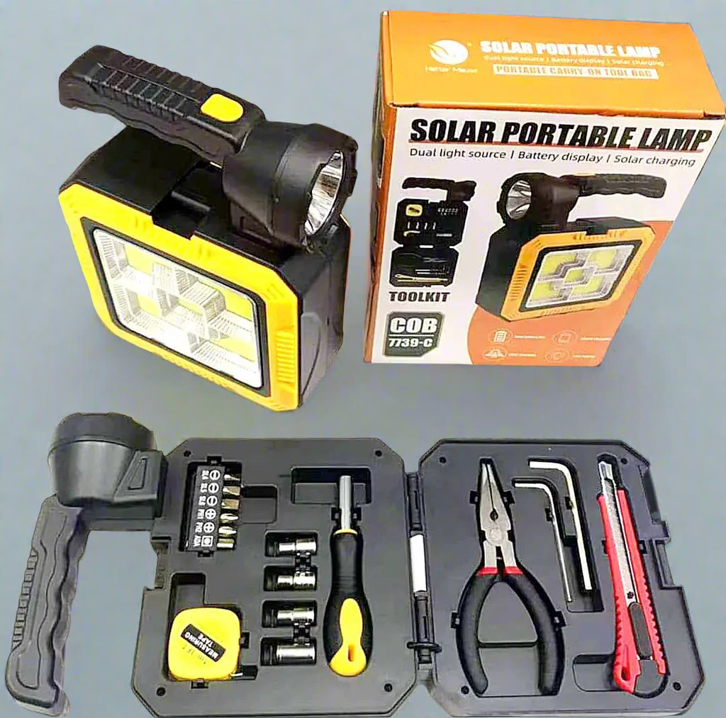Kit de Herramientas con Linterna LED Recargable y PowerBank Solar Multifunción