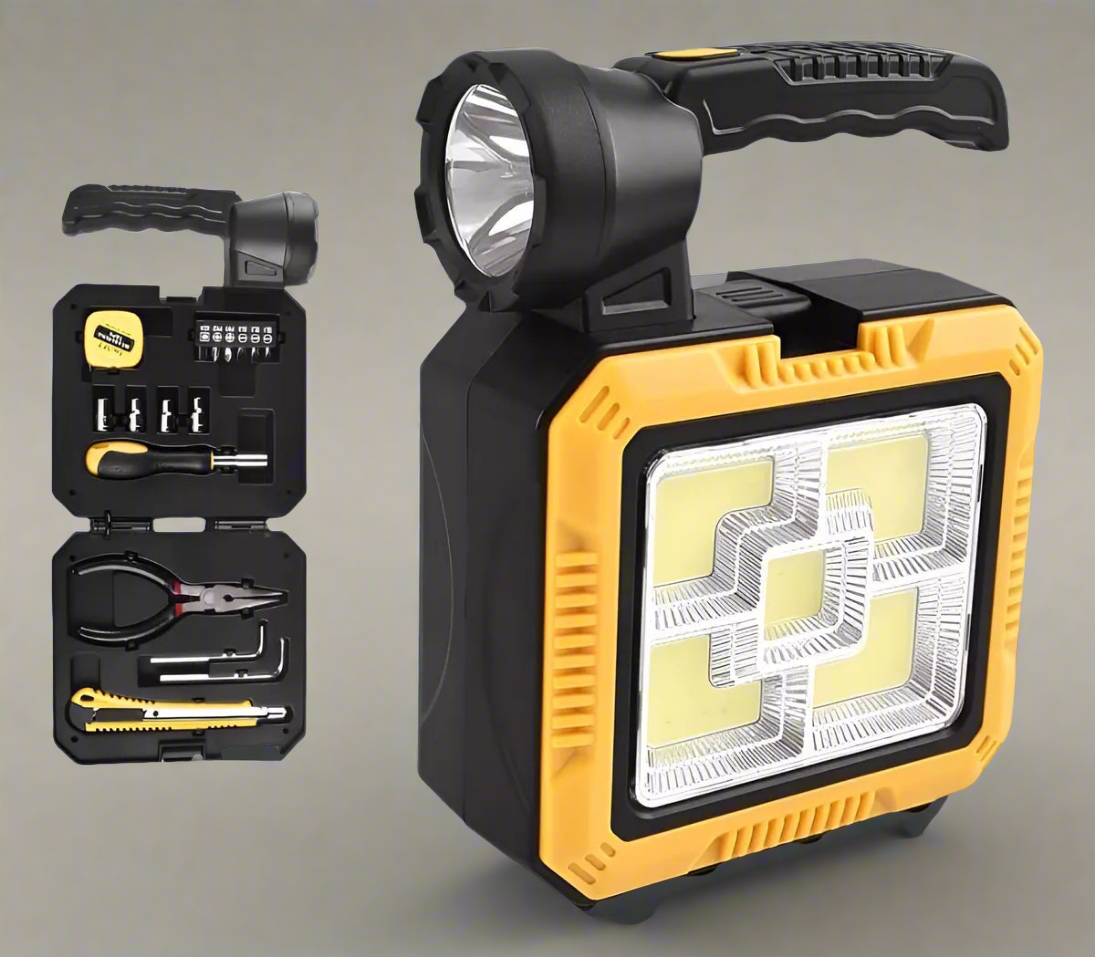 Kit de Herramientas con Linterna LED Recargable y PowerBank Solar Multifunción