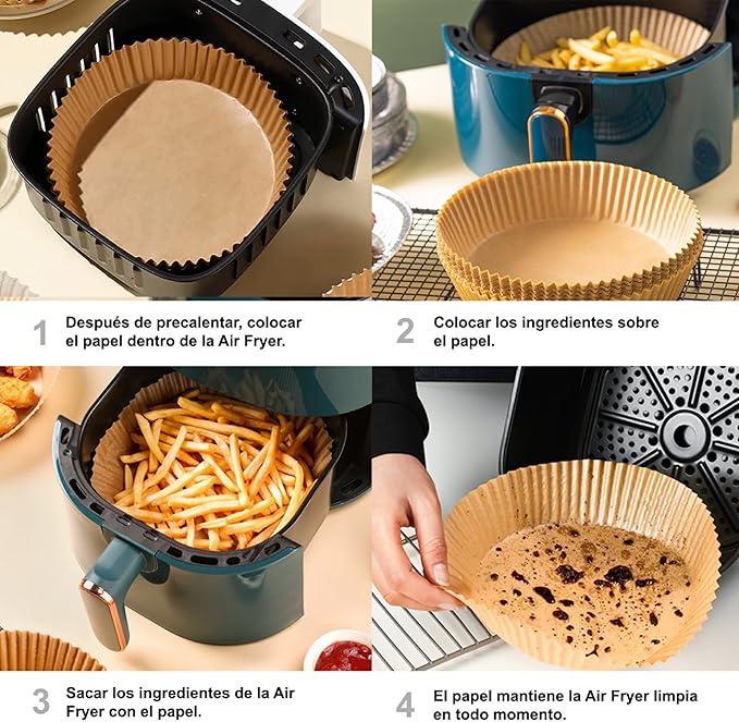 Papel para Airfryer (50 unidades) | Antiadherente, Resistente al Calor y Desechable | Cocina Saludable y Sin Suciedad.