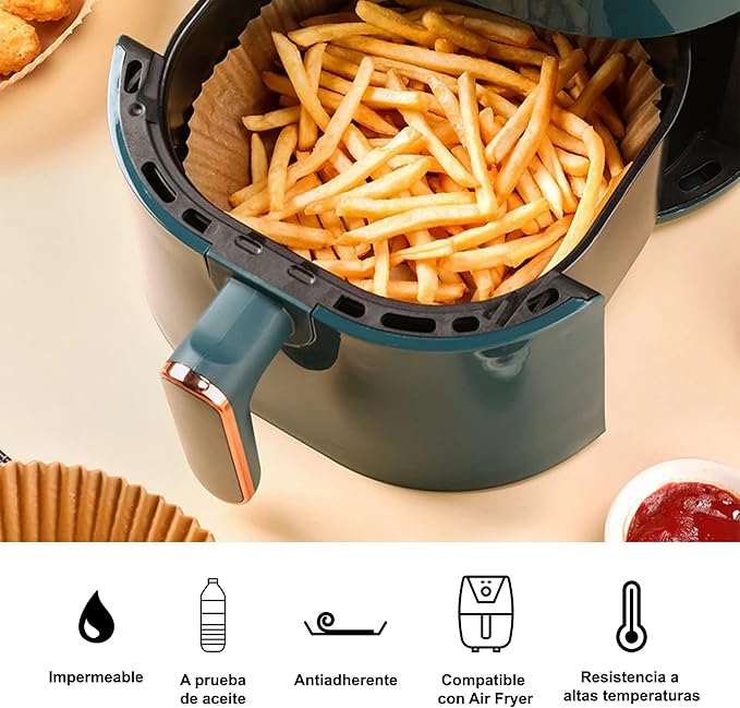 Papel para Airfryer (50 unidades) | Antiadherente, Resistente al Calor y Desechable | Cocina Saludable y Sin Suciedad.